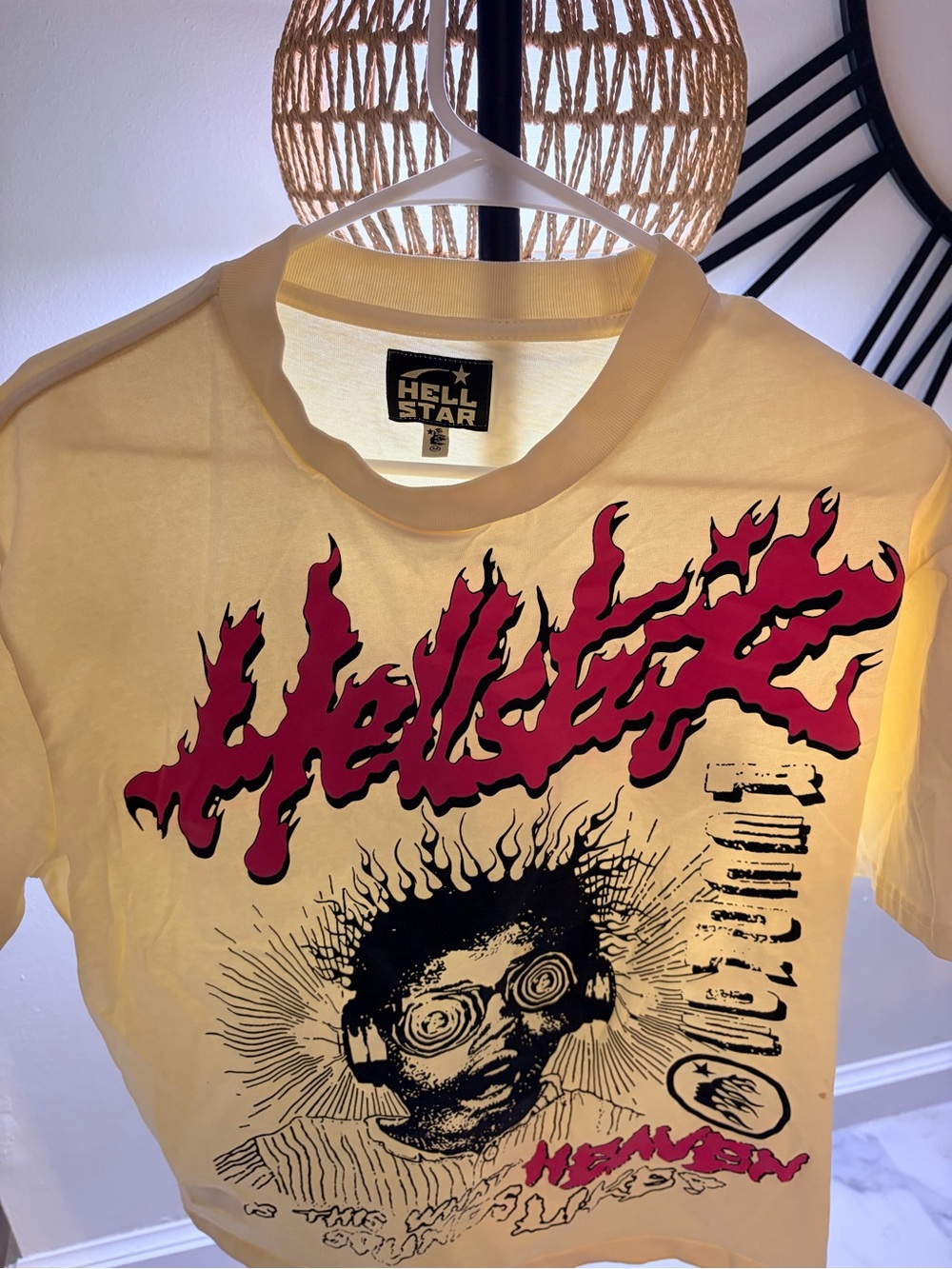 Hell Star Yellow Short-Sleeve Graphic Tee with Pink Logo
